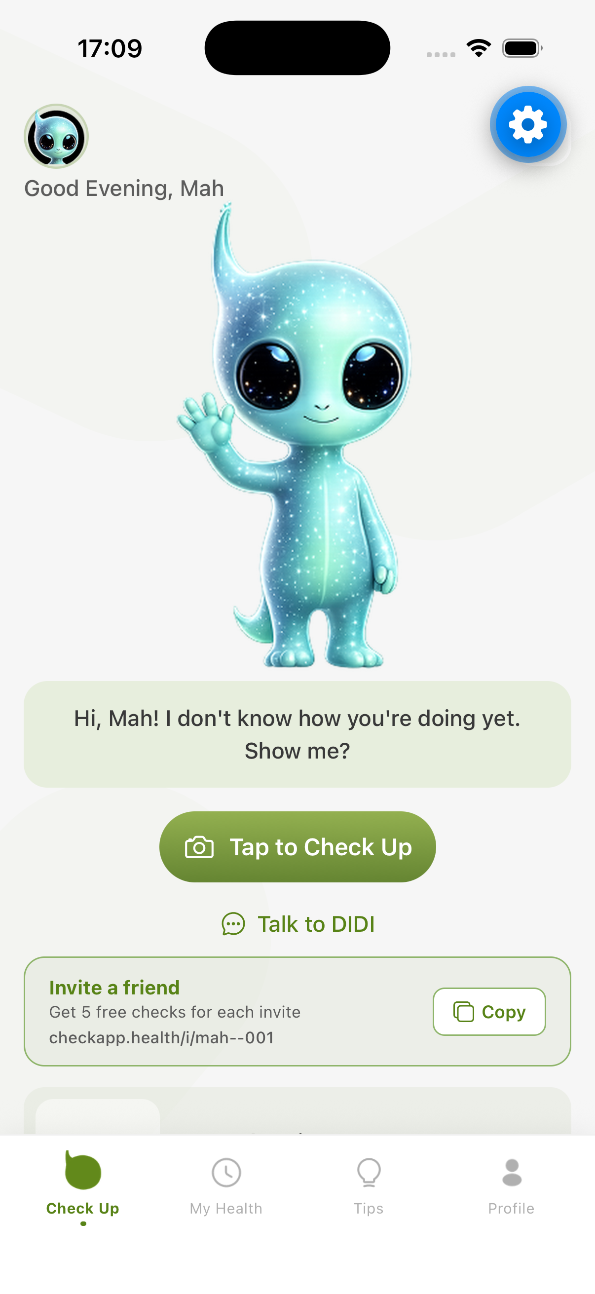 CheckApp home screen — morning check-up with DIDI