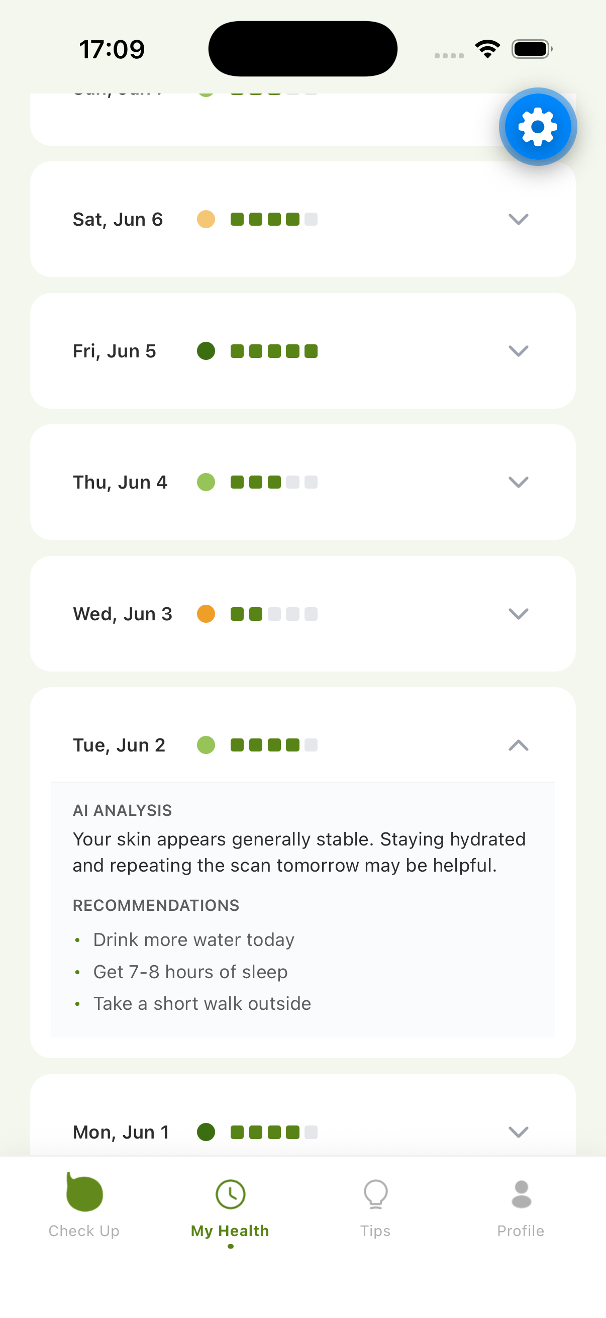 CheckApp My Health screen with hydration recommendation