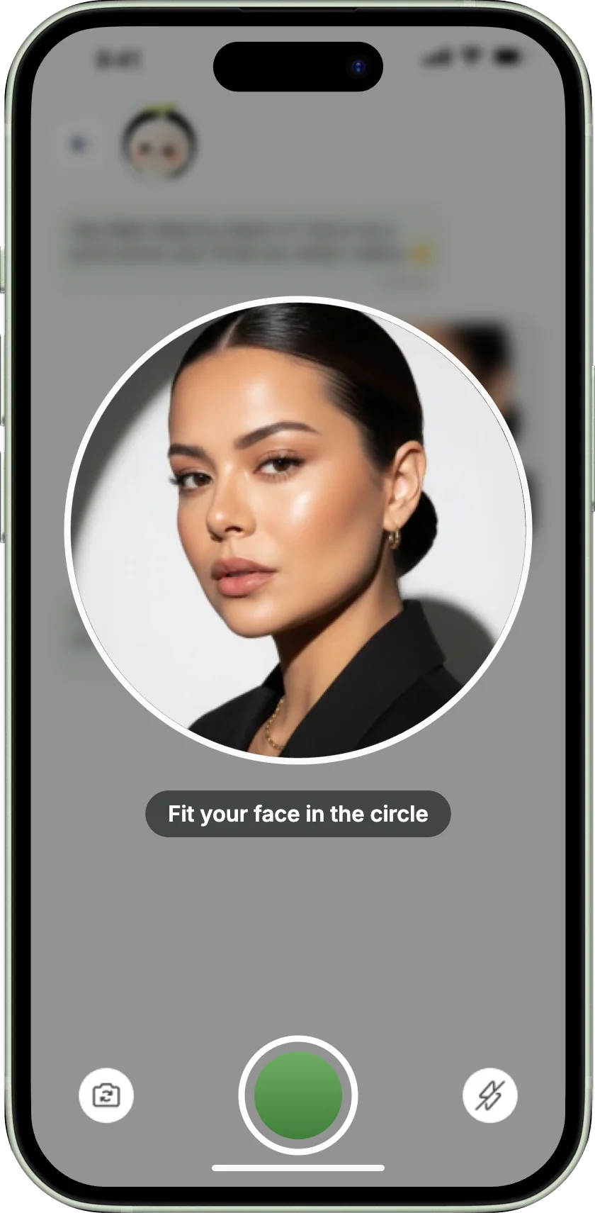 The in-app camera: a round live preview of a face under the prompt “Fit your face in the circle”, with flip-camera and flash buttons and a round shutter button.