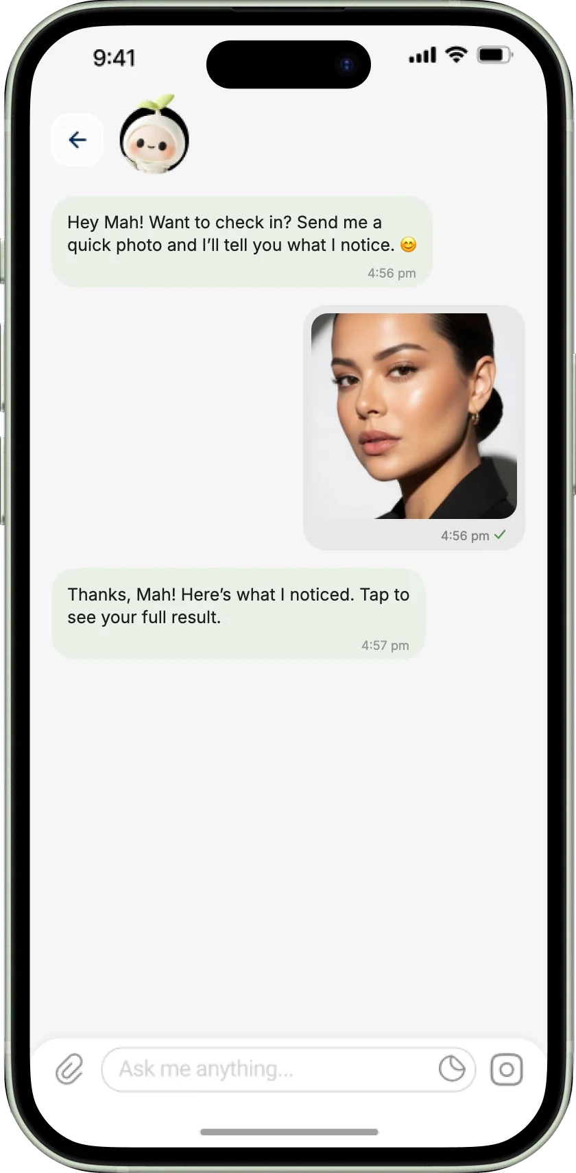 Chat with DiDi: DiDi asks for a quick photo, the photo is sent back and DiDi replies, above an “Ask me anything…” box.