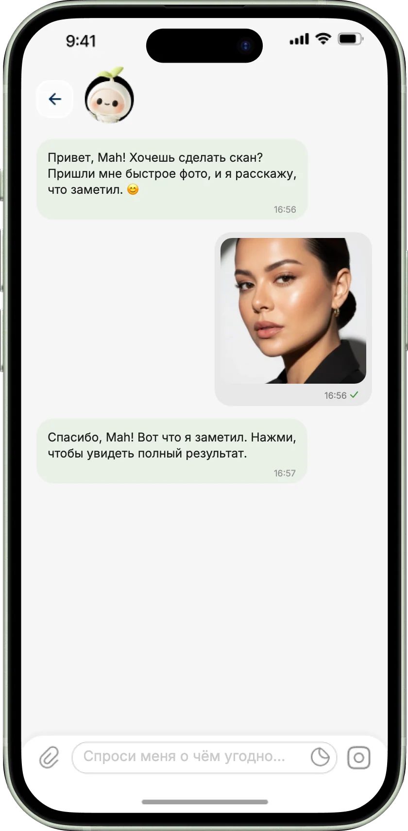 Чат с DiDi: DiDi просит быстрое фото, снимок отправлен, и DiDi отвечает; внизу строка «Спроси меня о чём угодно…».