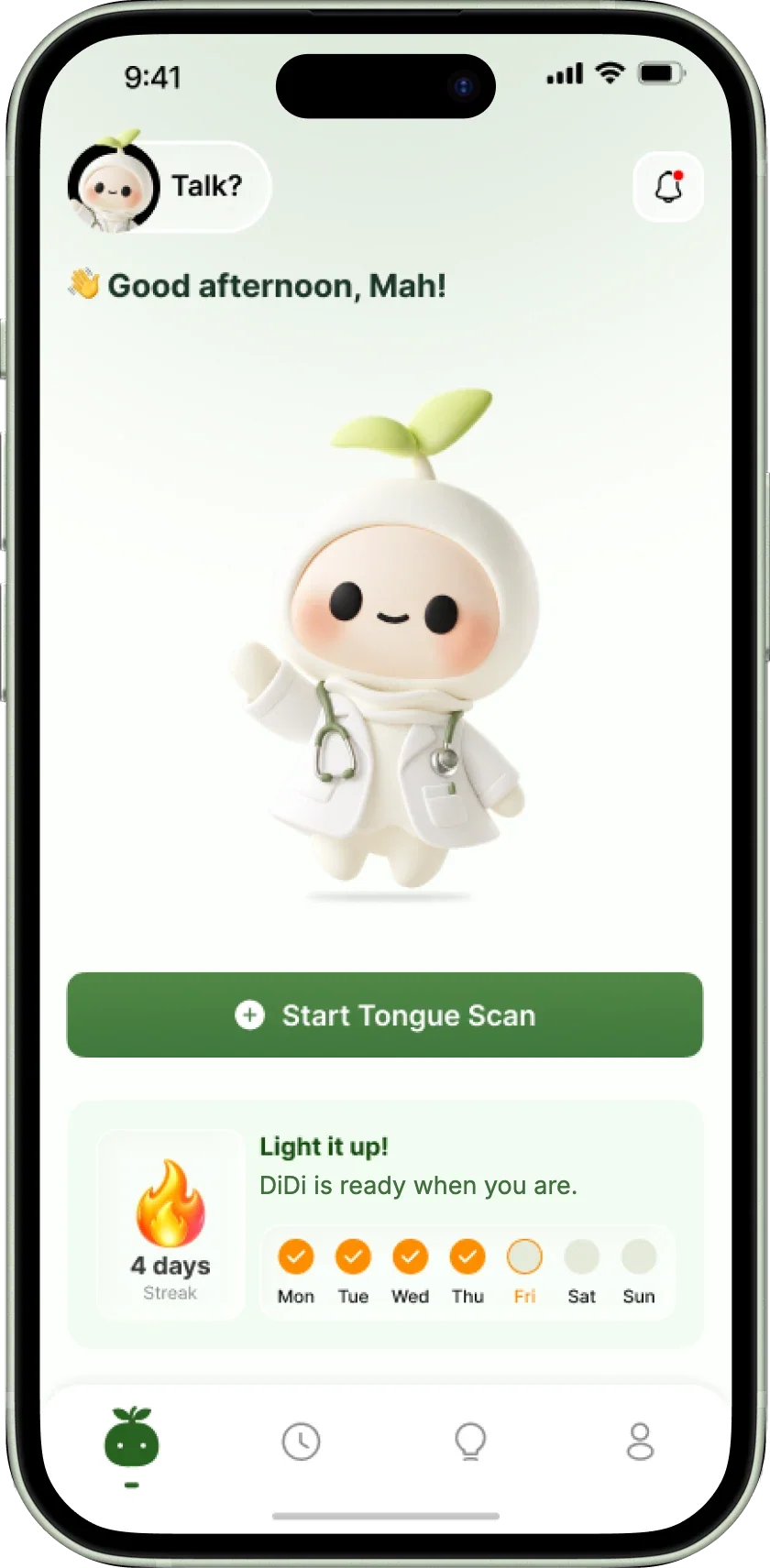 DiDi home screen: the mascot greets Mah, with a Start Tongue Scan button and a 4-day streak.