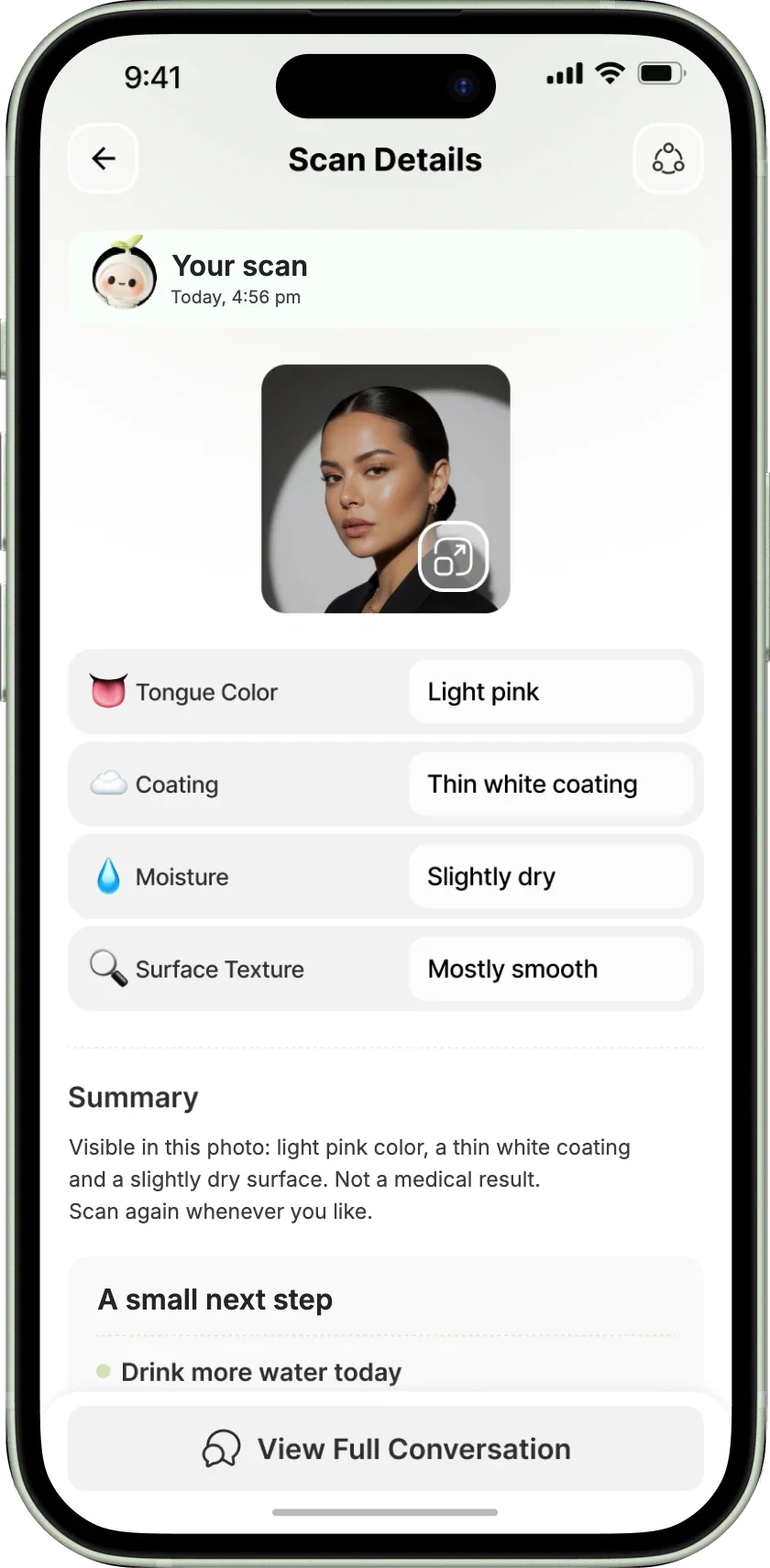 Scan Details: a scan titled Your scan, with short notes on tongue color, coating, moisture and surface texture, a summary of what is visible in the photo and a small next step to drink more water.