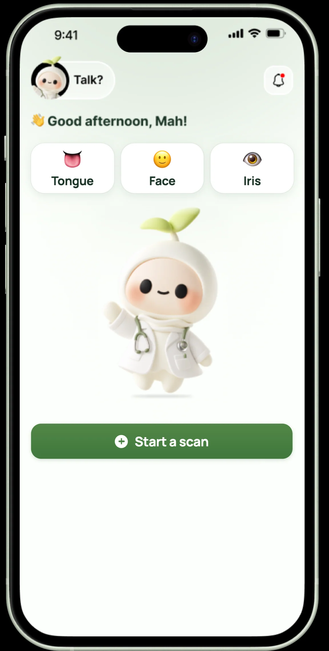 The checkapp home screen on a green iPhone: a greeting for Mah, three scan buttons (Tongue, Face and Iris) and DiDi, the mascot, waving below them.