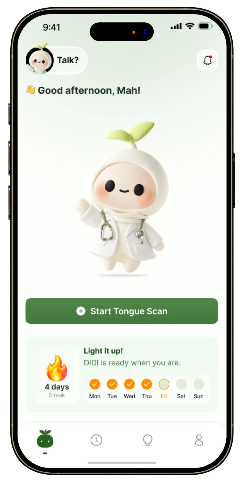 The checkapp home screen on a phone: DiDi, the digital health companion, says good afternoon above a button that starts a tongue scan.