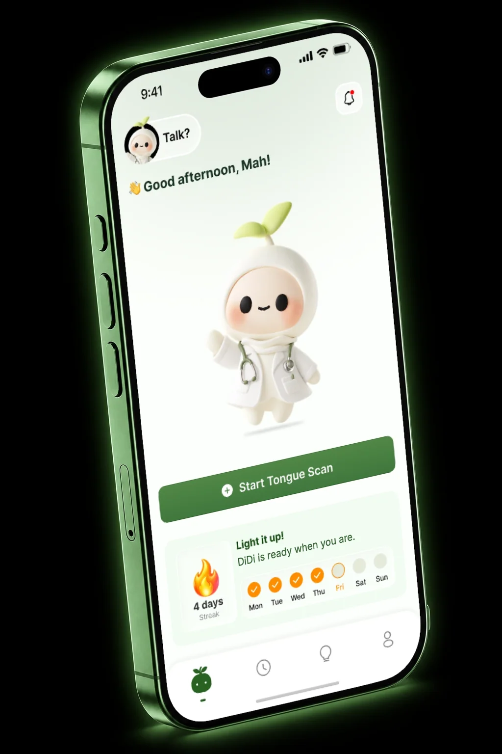 checkapp home screen with DiDi, a Start Tongue Scan button and a streak card