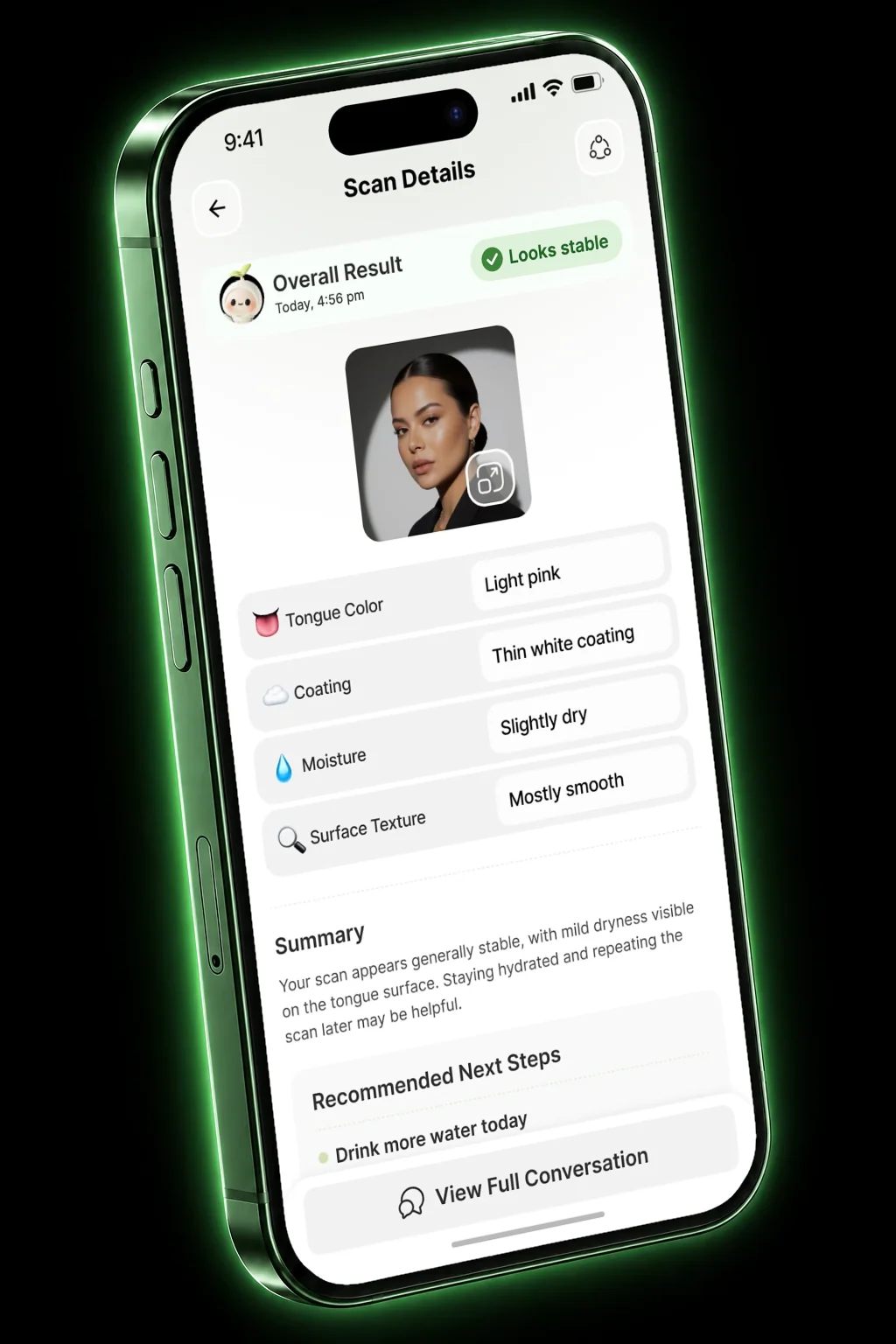 checkapp scan details with tongue color, coating and moisture readings