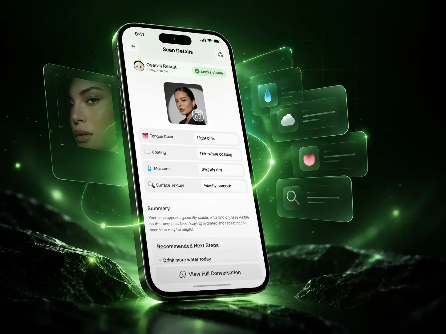 The checkapp scan details screen on a phone, surrounded by floating glass cards for moisture, coating, tongue and surface texture